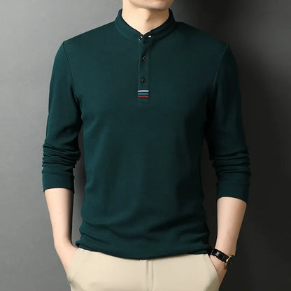 Long-sleeve cotton T-shirt with stand-up collar