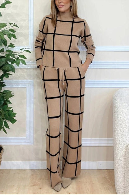 Two-Piece Knitted Plaid Casual Wide-Leg Dress
