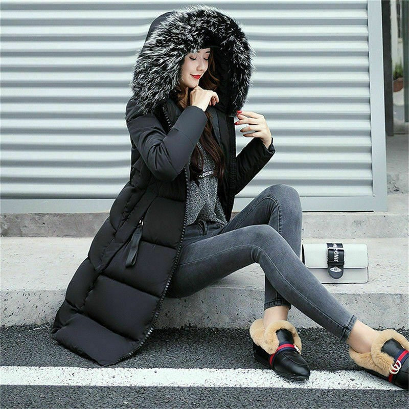 Long Women's Coat with Fur Collar Luxury Design
