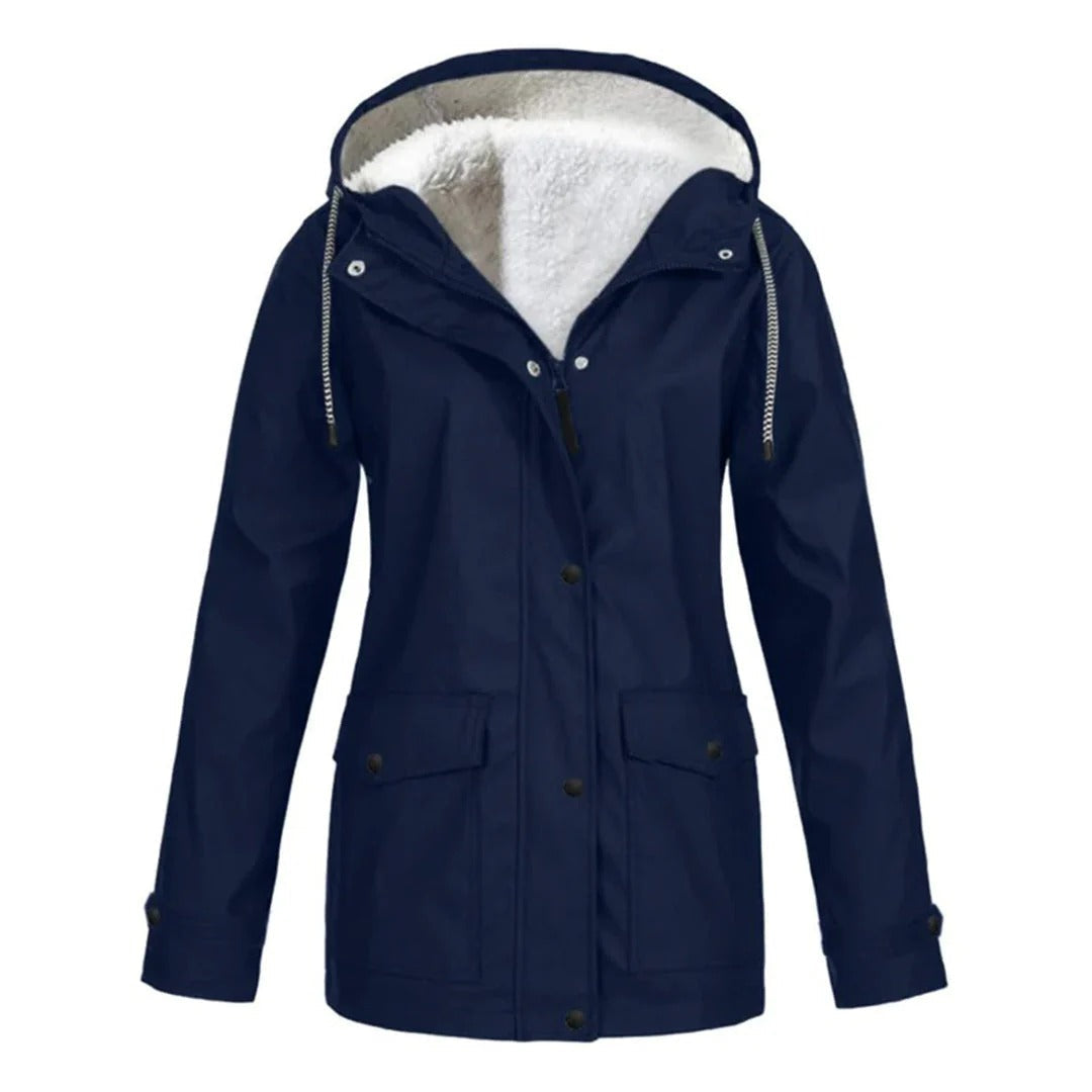 Weatherproof jacket with hood and faux fur lining