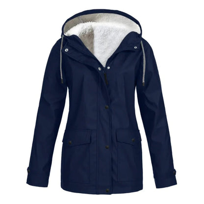 Weatherproof jacket with hood and faux fur lining