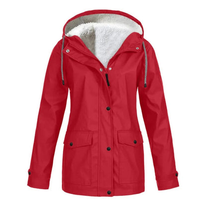 Weatherproof jacket with hood and faux fur lining