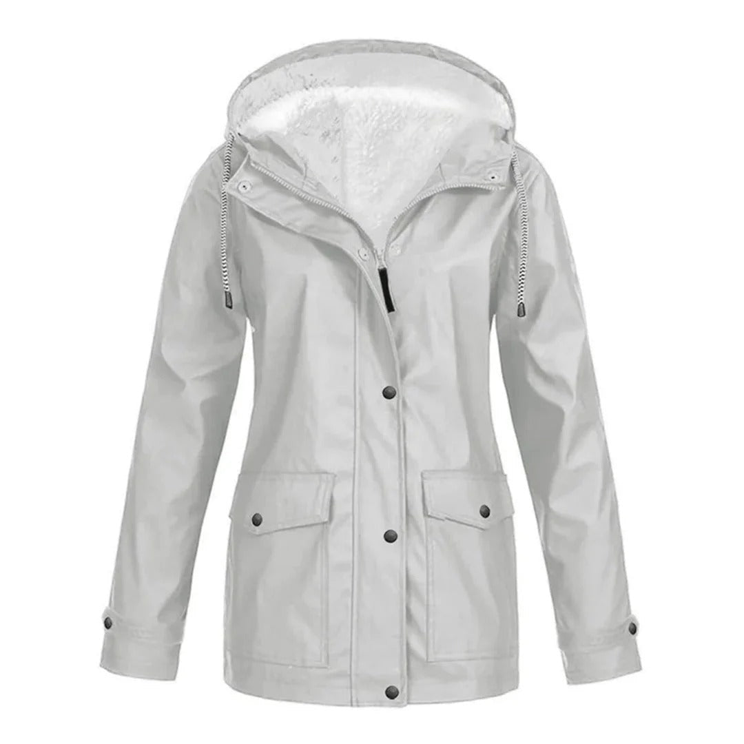 Weatherproof jacket with hood and faux fur lining