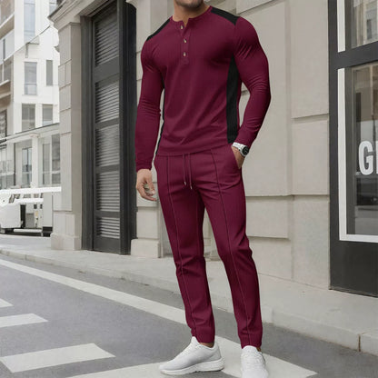 Men's Outfit: Slim Fit Henley Sweater & Trousers