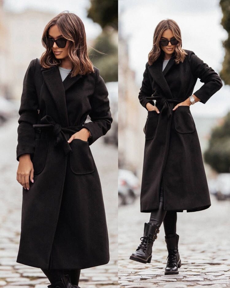 Elegant Wool Coat Double-Breasted Mid-Length Belt