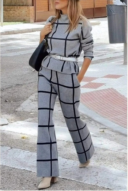 Two-Piece Knitted Plaid Casual Wide-Leg Dress