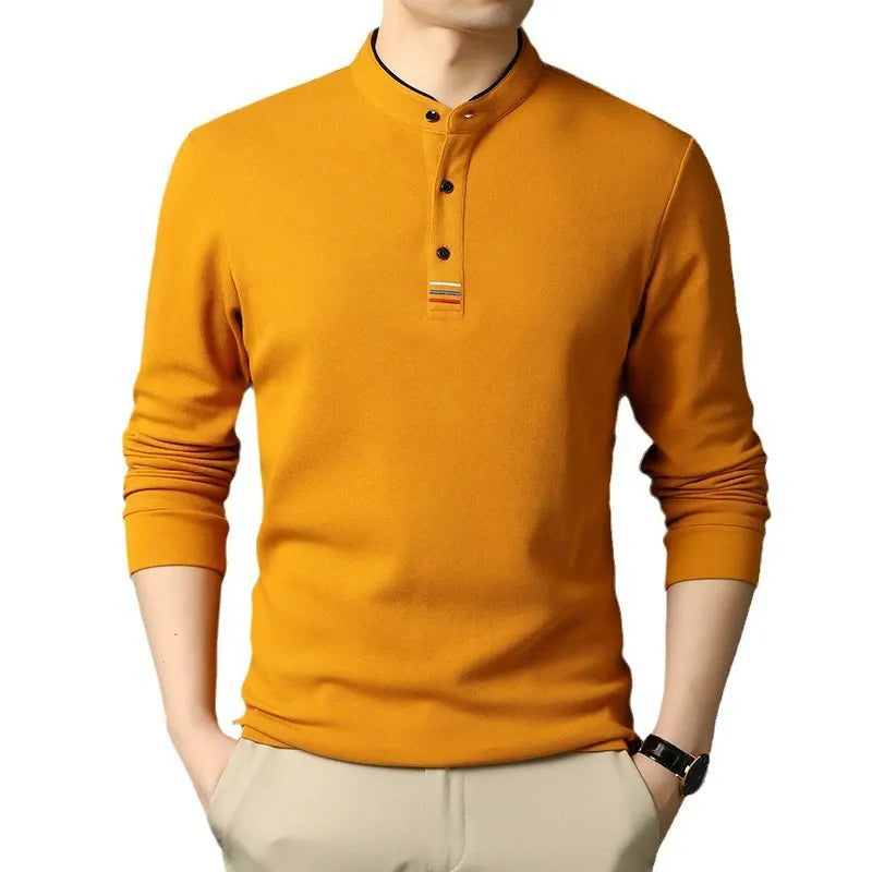 Long-sleeve cotton T-shirt with stand-up collar