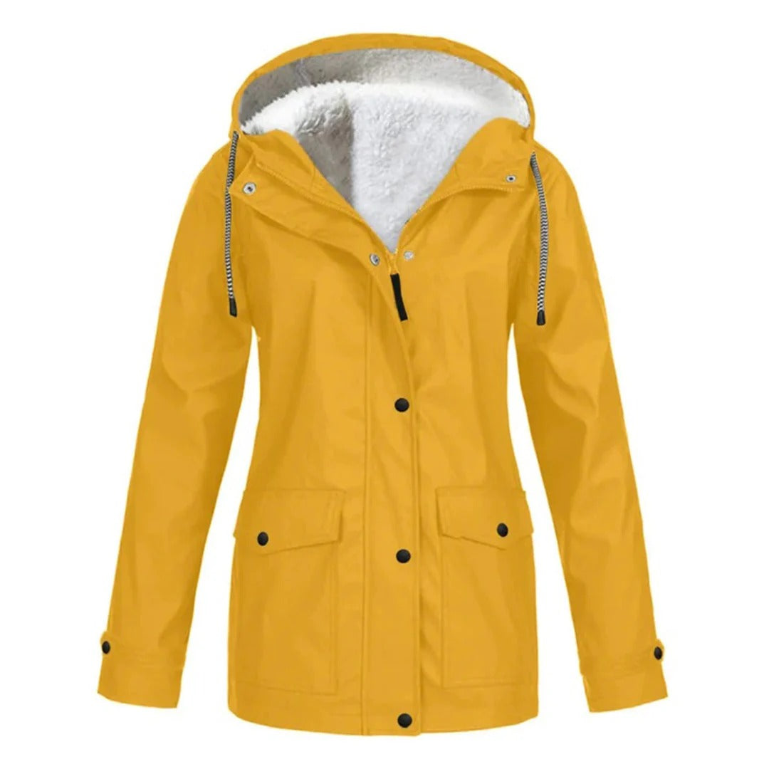Weatherproof jacket with hood and faux fur lining