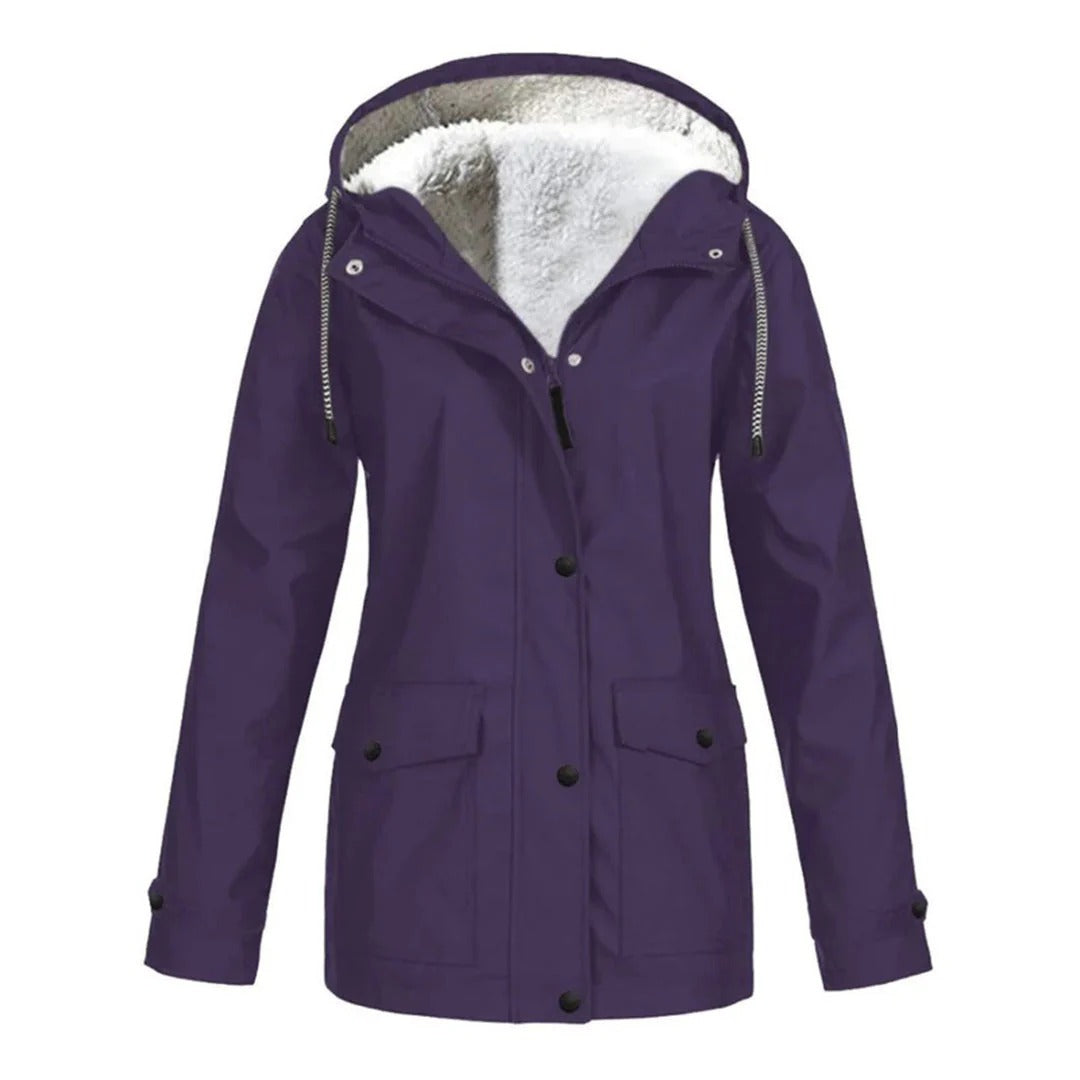 Weatherproof jacket with hood and faux fur lining