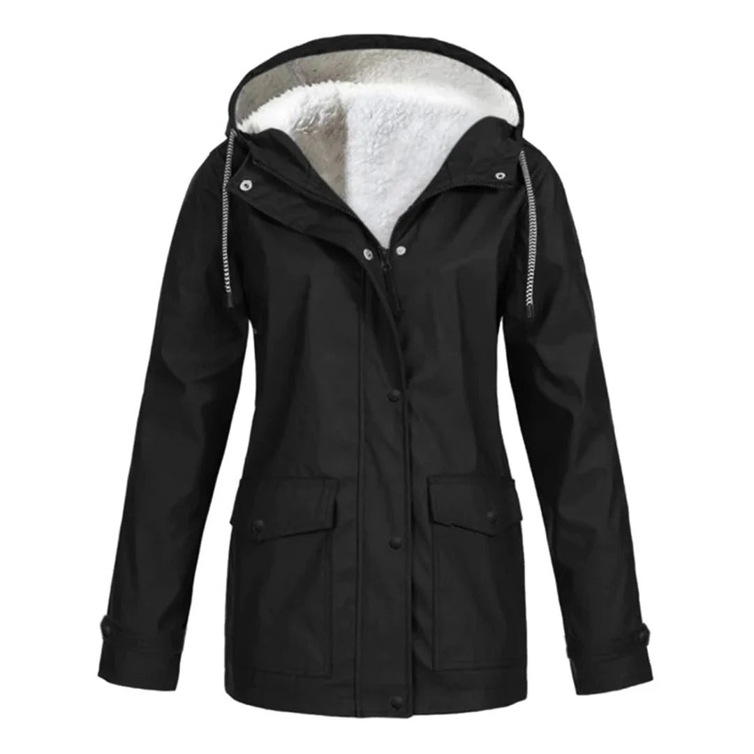 Weatherproof jacket with hood and faux fur lining