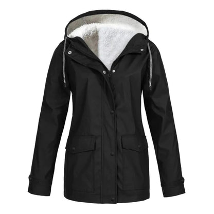 Weatherproof jacket with hood and faux fur lining