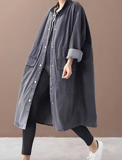 Modern Women's Oversized Stand-Up Collar Denim Jacket