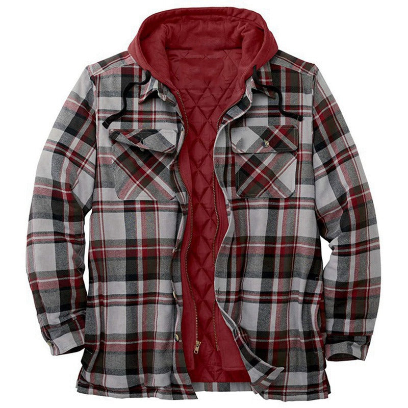 Casual Shirt Jacket Hood Flannel Plaid Pattern