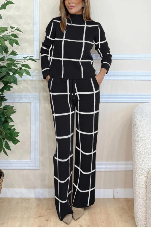 Two-Piece Knitted Plaid Casual Wide-Leg Dress
