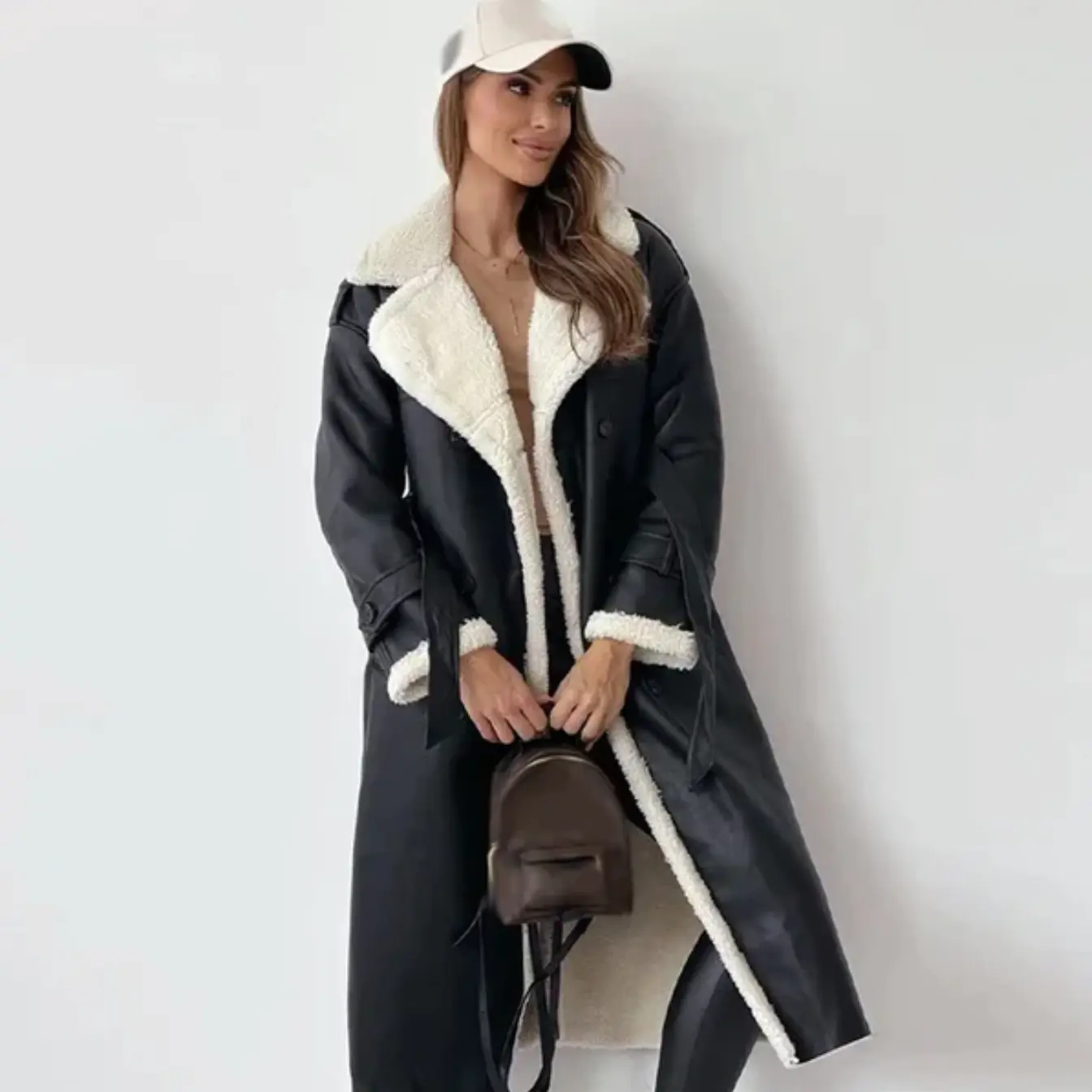 Luxury Long Trench Coat Shearling Lined Winter