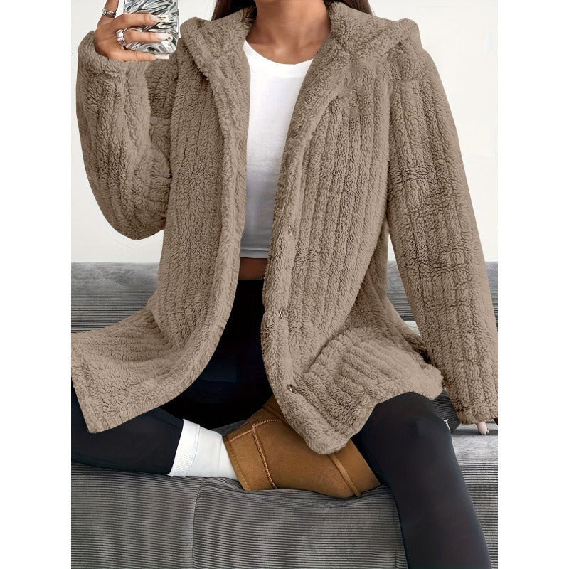 Oversized Teddy Jacket Soft Hood Button Closure
