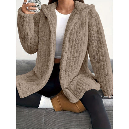 Oversized Teddy Jacket Soft Hood Button Closure