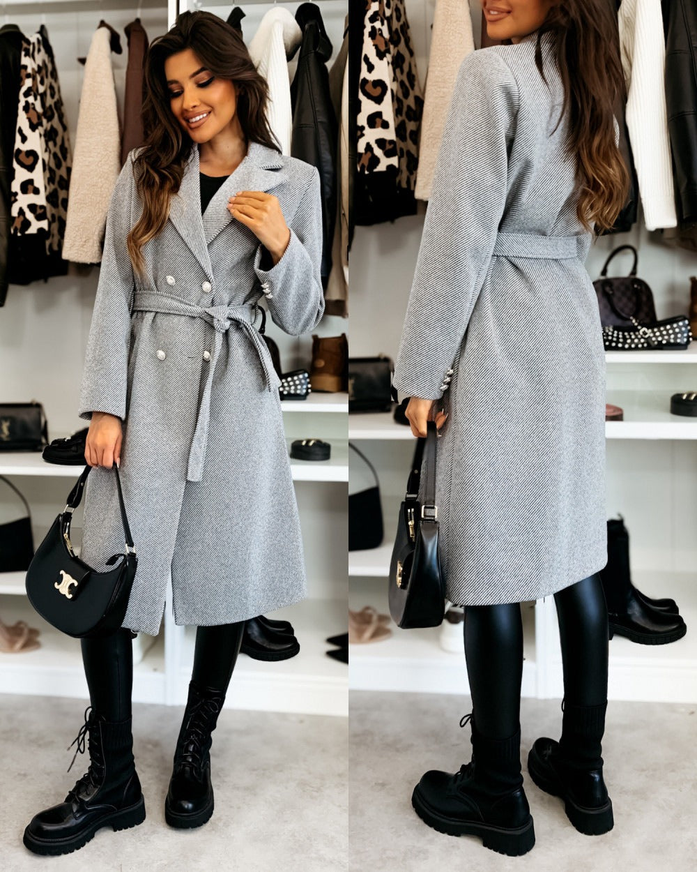 Women's Double-Breasted Belted Tailored Wool Coat