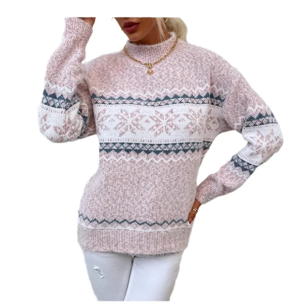 Soft Wool Sweaters Casual Snow Pattern High Collar