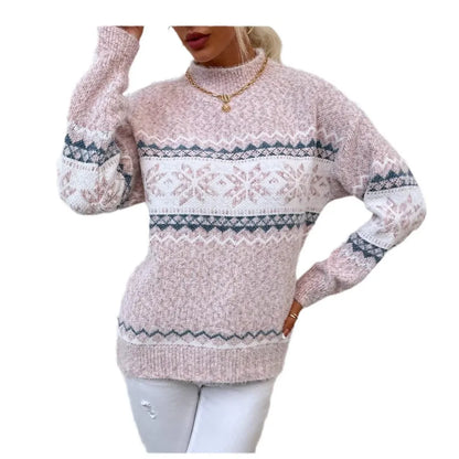 Soft Wool Sweaters Casual Snow Pattern High Collar