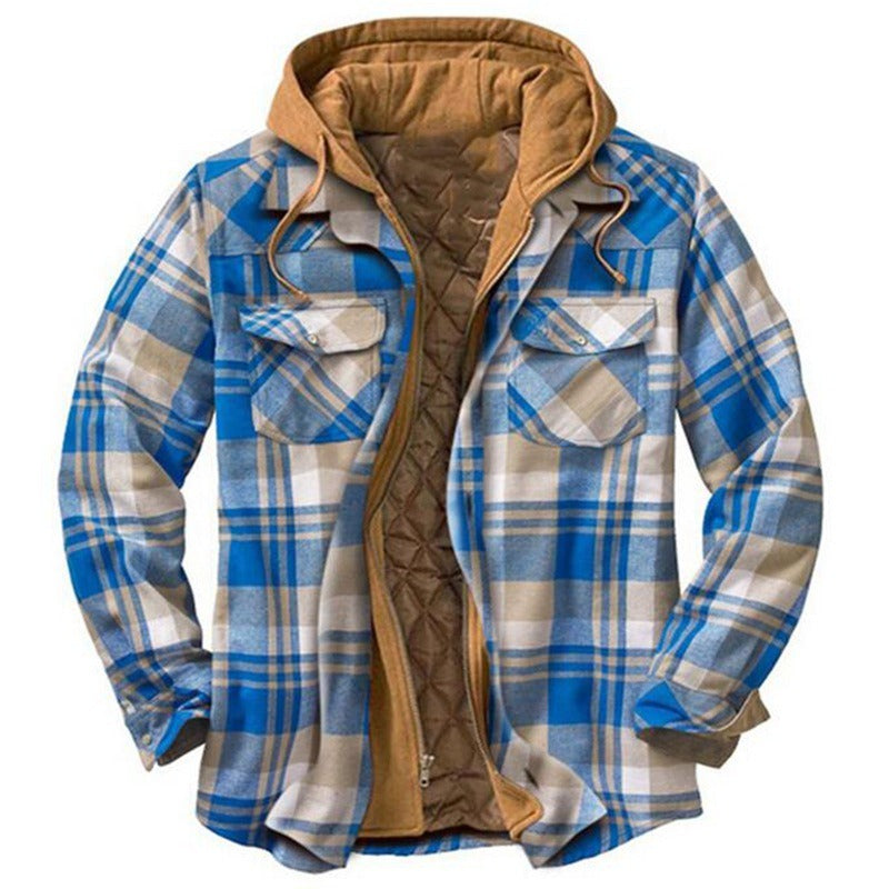 Casual Shirt Jacket Hood Flannel Plaid Pattern