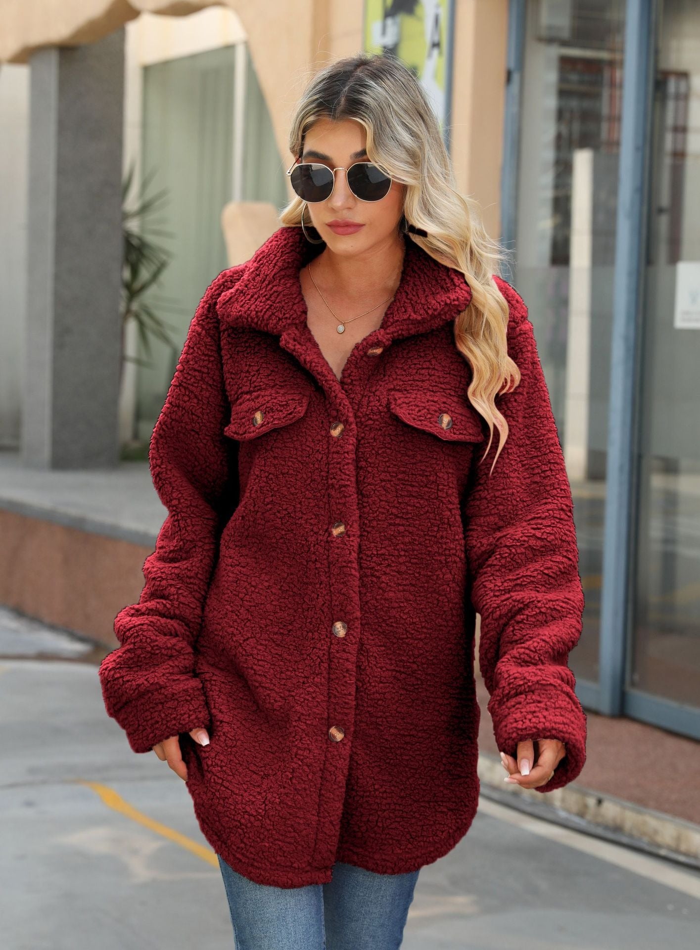 Oversized Sherpa Fleece Shacket with Buttons and Pockets