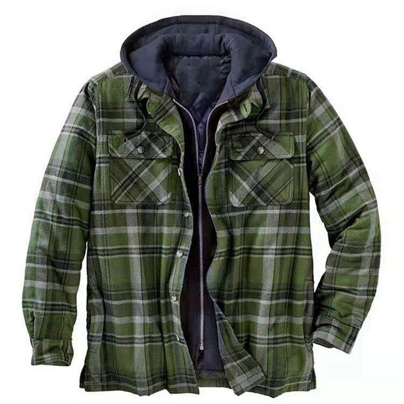 Casual Shirt Jacket Hood Flannel Plaid Pattern