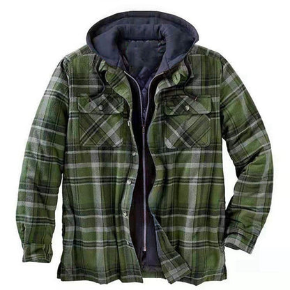 Casual Shirt Jacket Hood Flannel Plaid Pattern