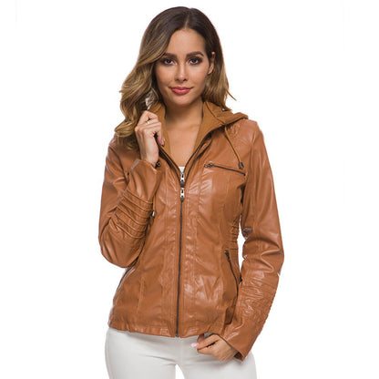 Leather Jacket Slim Fit Hood Zipper