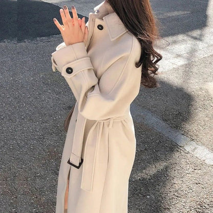 Stylish Women's Trench Coat Wool Blend Casual Double-breasted Long