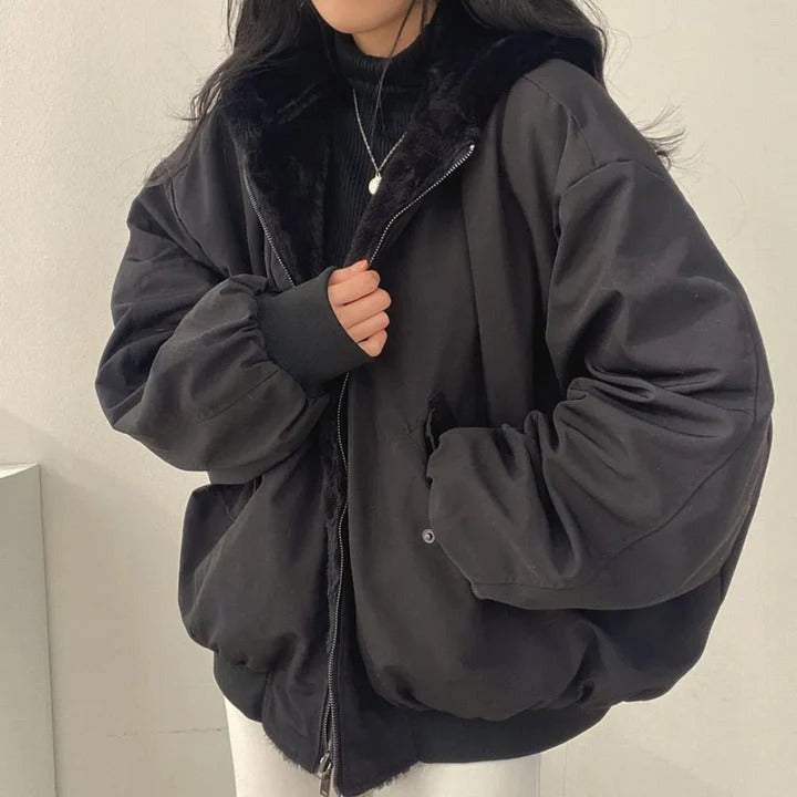 Oversized Faux Fur Jacket Women's Hip Length Ribbed Finish