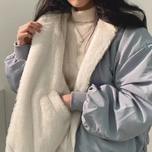 Oversized Kunstfelljacke Frauen Hüftlänge Rippverarbeitung - IdealeKleiden
