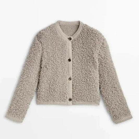 Teddyjacke Damen Lockere Passform Weich Rundhals - IdealeKleiden