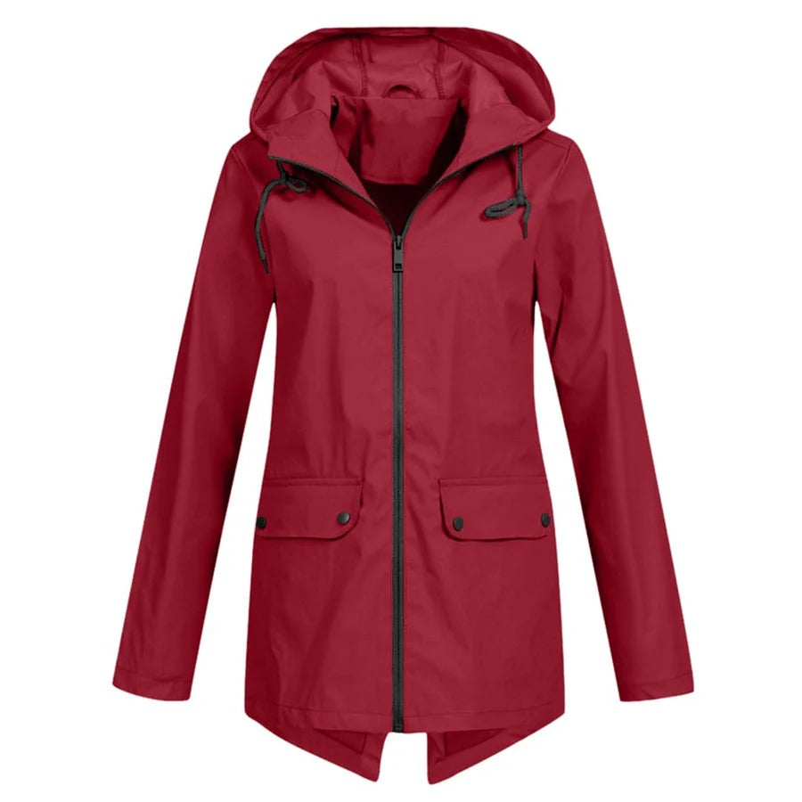 Water-Resistant Mid-Length Rain Jacket with Hood