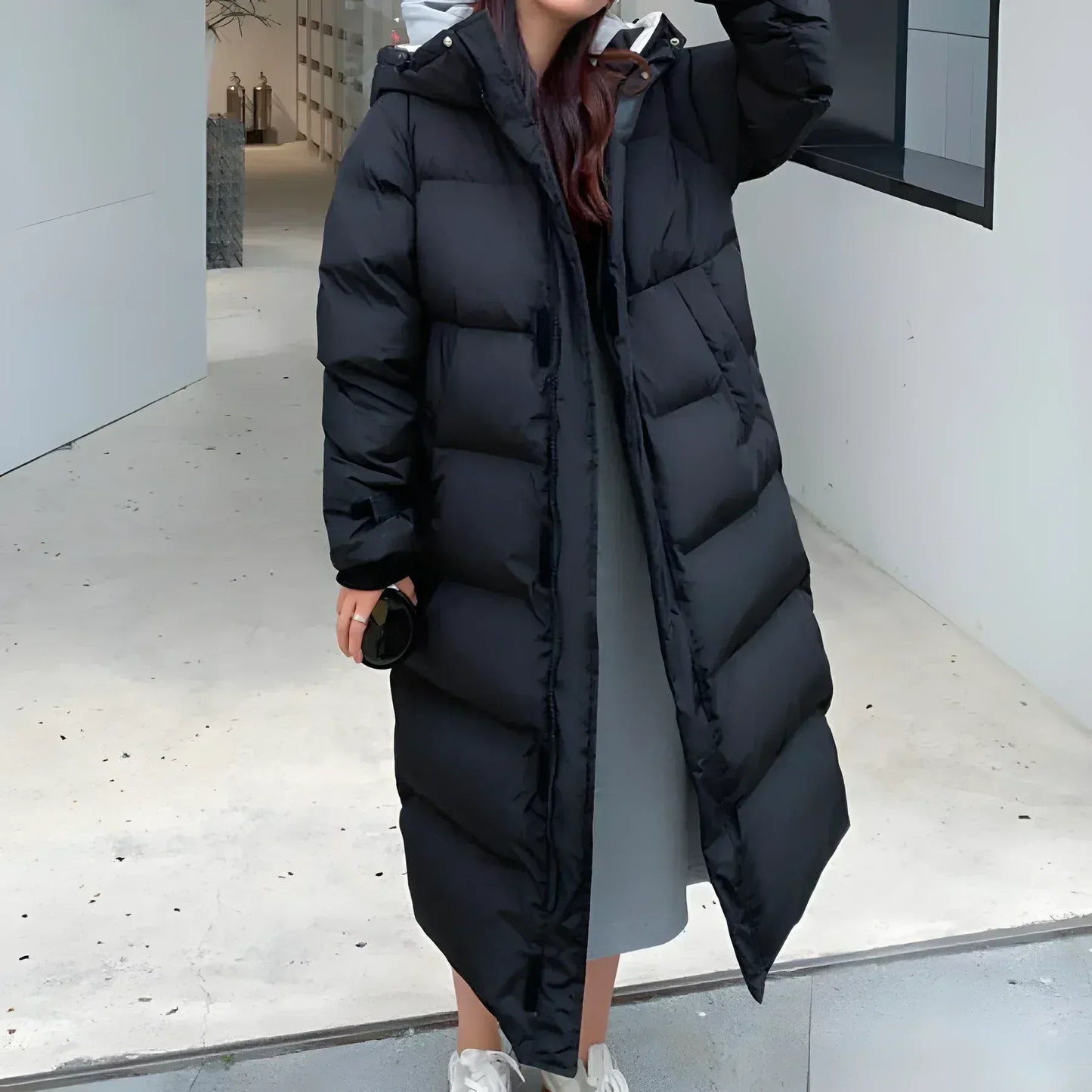 Women's Long Quilted Winter Jacket with Warm Hood