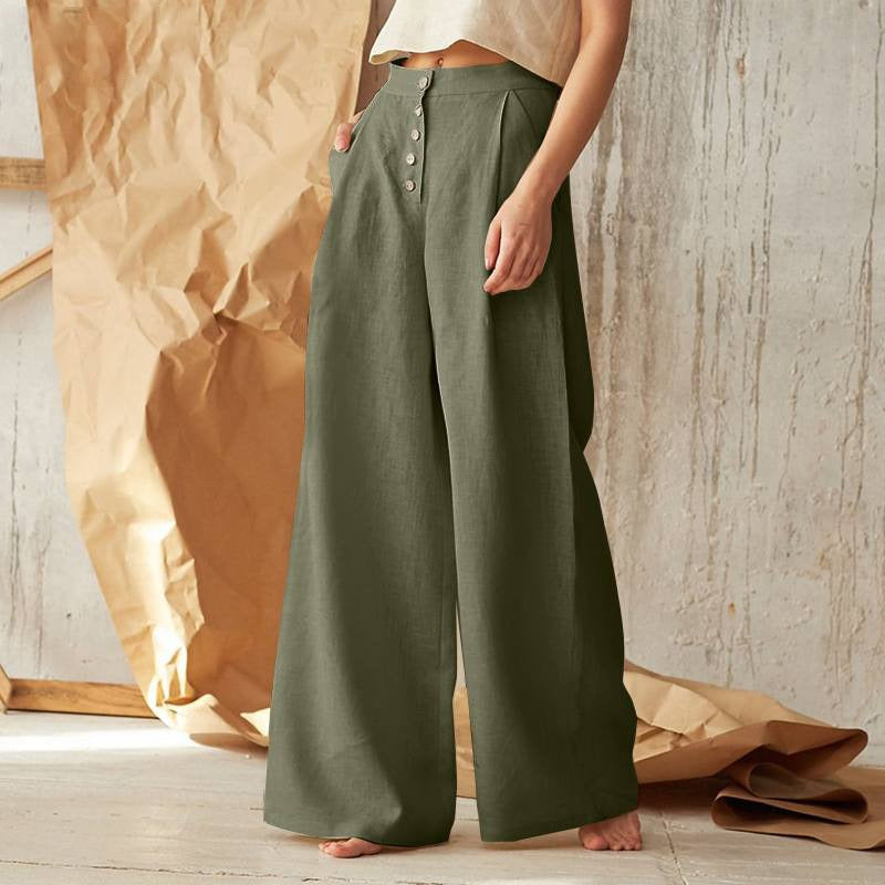 Sommerkleid Weites Bein Hochtailliert Knopfverschluss Leinen Look - IdealeKleiden
