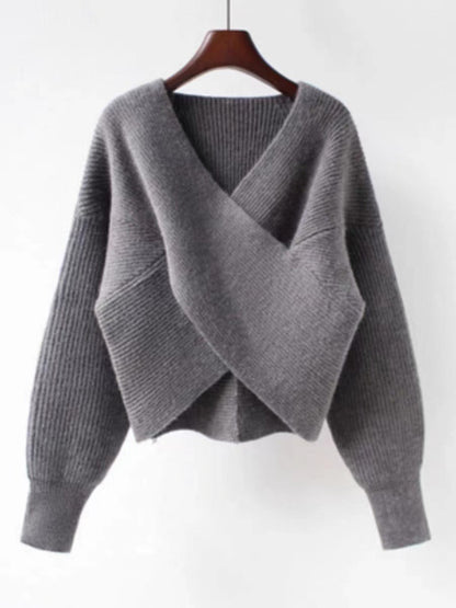 Oversize sweatshirt knit look V-neck ruffle sleeves