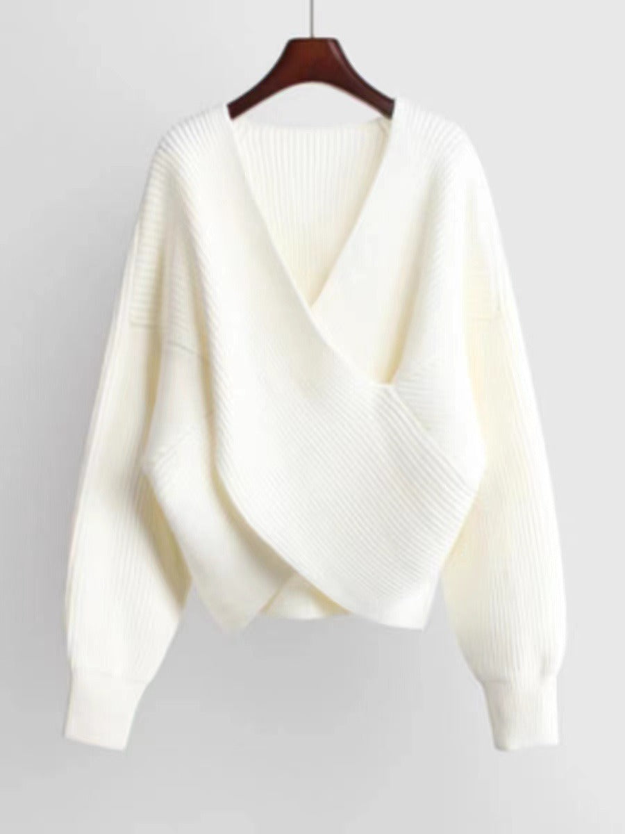 Oversize sweatshirt knit look V-neck ruffle sleeves