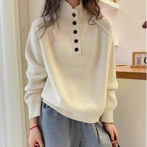 Damenkleid Wollmix Lockere Fit Stehkragen Knöpfe - IdealeKleiden