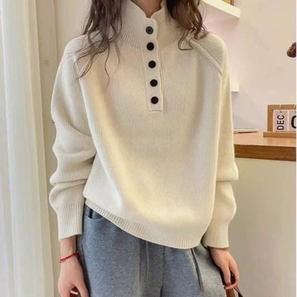 Damenkleid Wollmix Lockere Fit Stehkragen Knöpfe - IdealeKleiden