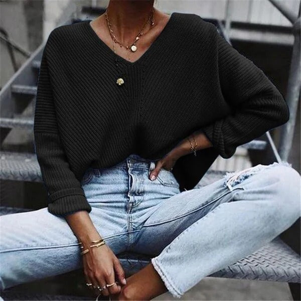 Große Strickpullover Damen Oversized V-Ausschnitt