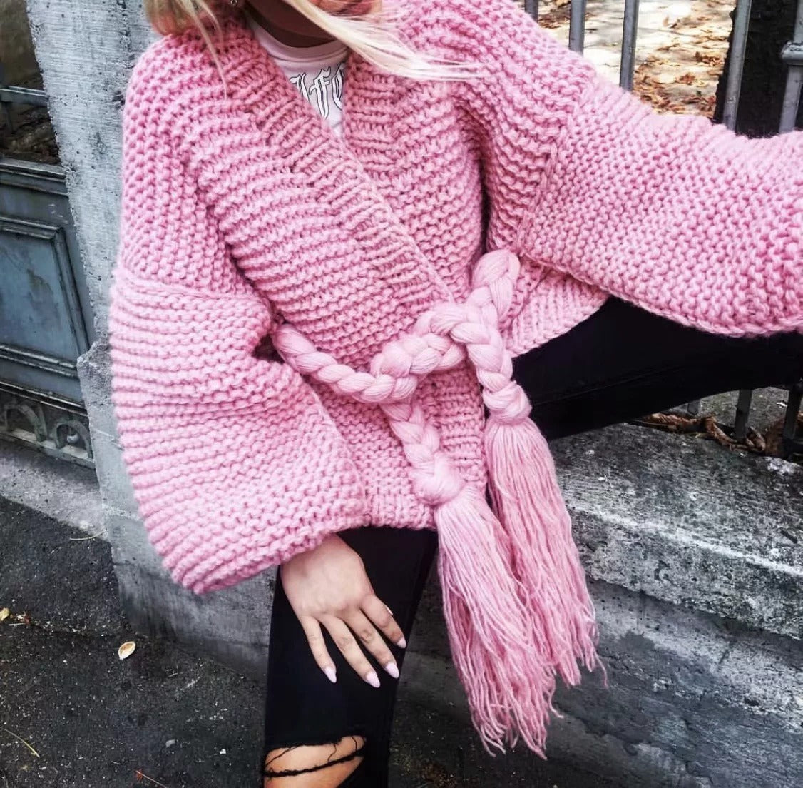 Oversized Cardigan with Long Sleeves and Waist Belt