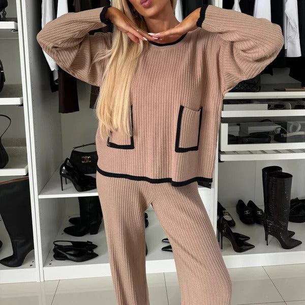 Bequeme Loungewear Damen Set Loose Fit Strick Kontrast - IdealeKleiden