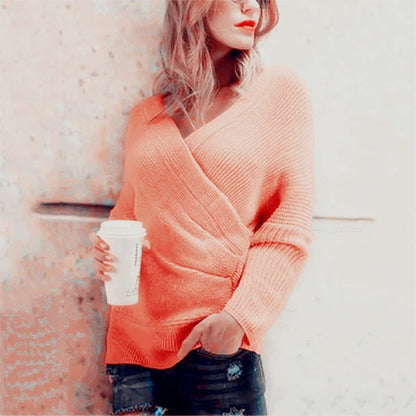 Kuschelige Wickelstrickjacke V-Ausschnitt Lockere Passform