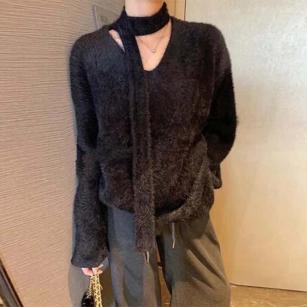 Große Wollkleid Oversize V-Ausschnitt Modern - IdealeKleiden