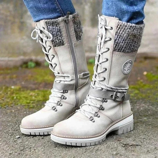 Knielange Stiefel Damen Schnürung Wollbund - IdealeKleiden