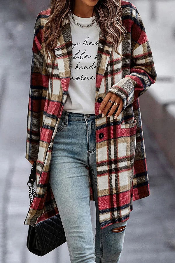 Large Women's Coat Wool Houndstooth Button Closure