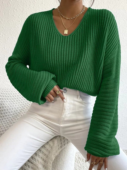 Elegant Women's Clothing | Comfortable Rib-Knit V-Neck Long-Sleeve Blouse