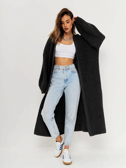 Lange Strickjacke Oversized Wollig Offener Vorderteil - IdealeKleiden