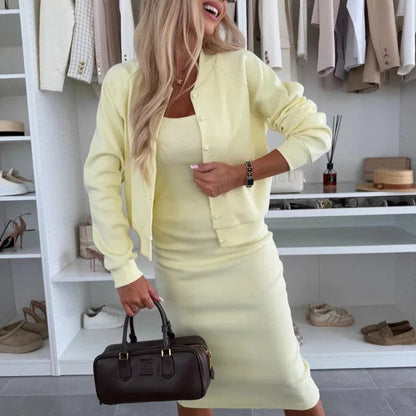 Elegant Cardigan Button Sleeveless Dress